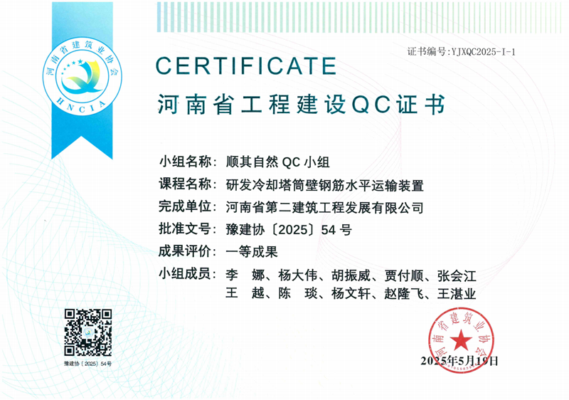 顺其自然QC小组荣获河南省建筑业协会一等成果--工程管理部